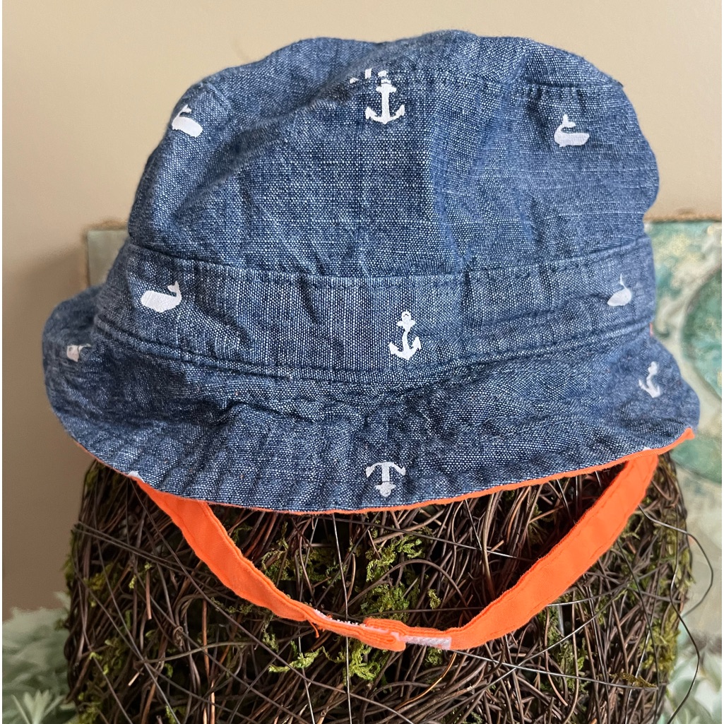 Nautical Denim Bucket Hat With Orange Trim With Chin Strap